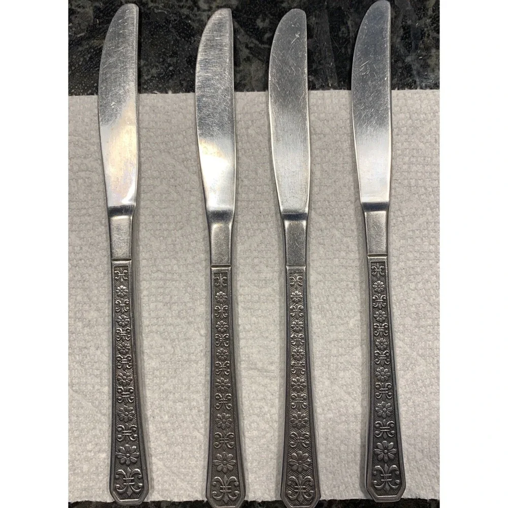 Dinner knives 4 Interpur FLORENZ Stainless Flatware Flowers Texture Black Accent